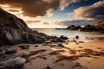 Canvas Print - Rocky beach meeting the vast expanse of the ocean under a dramatic sky