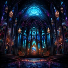 an artistic painting of a gothic church with blue and purple lighting