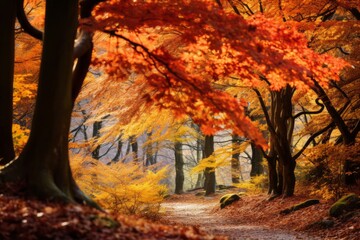 Sticker - Vibrant autumn foliage in a forest creating a stunning nature background