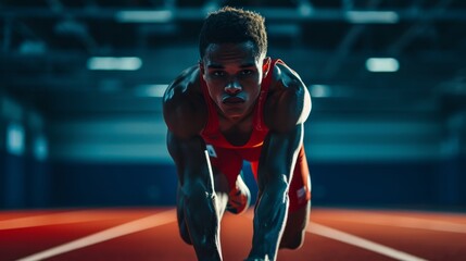 Focused male sprinter at starting block on track. Dynamic, intense atmosphere. Ideal for sports and determination themes.