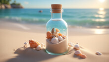 A Glass Jar Filled With Shells On A Tropical Sea Beach Sand. Souvenir From Travel