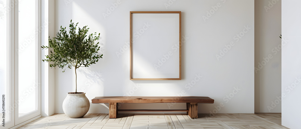 Wooden bench against white wall with poster frame. Ethnic farmhouse ...