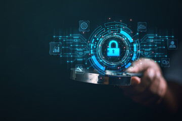 cybersecurity concept business man shows how to protect cyber technology network from attack by hack