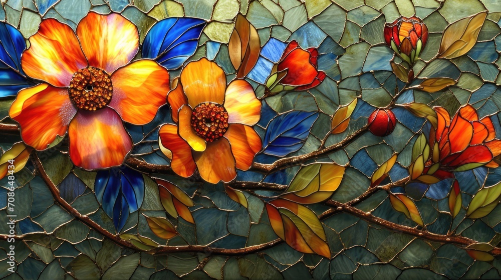 Stained glass window background with colorful Flower and Leaf abstract ...