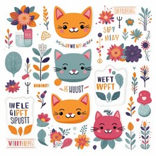 A Bunch Of Stickers With Cats And Flowers On Them
