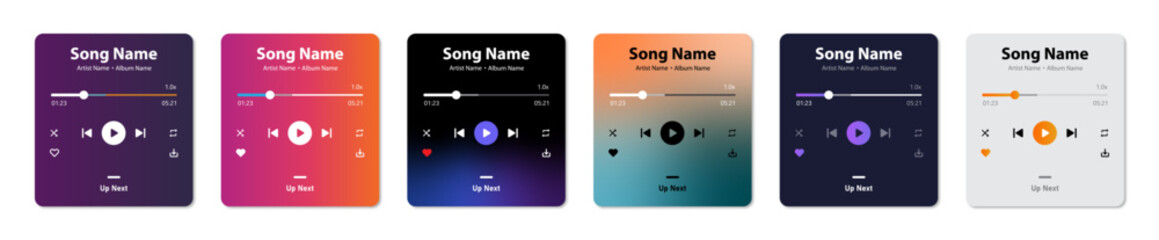 music player interface ui/ux design set of six in simple and gradient style. profile, album, song, p
