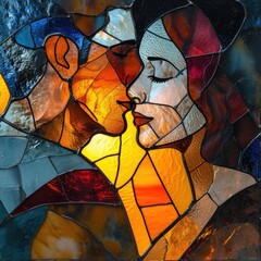 Wall Mural - Stained glass window background with colorful Couple in love abstract.	