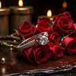 Bouquet of red roses with with wedding ring. Engagement diamond ring, romantic proposal. Love concept