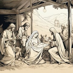 a black and white drawing of a nativity scene