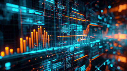 Futuristic Financial Data Visualization A holographic display of complex financial data indicating positive growth trends Great for tech-oriented investment firm promotions