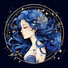 a woman with blue hair and stars on her head