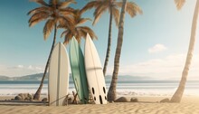 Surfboards And Palm Tree On A Beach 