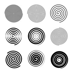 Fototapete - Spiral and swirl motion design elements set isolated on transparent background. Abstract circle brush textures. Vector illustrations.