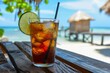 © AI Visual Vault - Tropical Refreshment on Wooden Table.ced drink with lime on a tropical beach bar table.