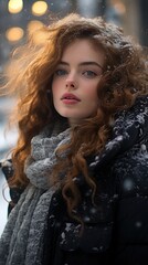 Wall Mural - Portrait of a beautiful young woman with long red hair and blue eyes wearing a winter coat and scarf, with snow on her hair and shoulders