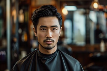 Wall Mural - Handsome Asian brunette bearded man sitting in the chair in barbershop and looking in the camera