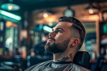 Wall Mural - Handsome brunette bearded man sitting in the chair in barbershop