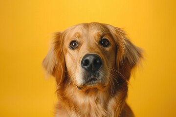 Wall Mural - A golden retriever dog sitting in front of a yellow background. Perfect for pet-related designs and advertisements