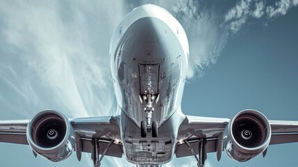 Poster - A picture of a large jetliner flying through a clear blue sky. This image can be used to depict travel, aviation, or the concept of freedom and exploration