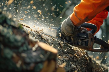 Wall Mural - A person using a chainsaw to cut down a tree. Suitable for outdoor activities or forestry-related projects