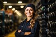 Portrait of a young female mechanic smiling in a warehouse