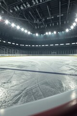 Wall Mural - An empty hockey rink with lights shining on the ice. Suitable for sports and winter-themed designs