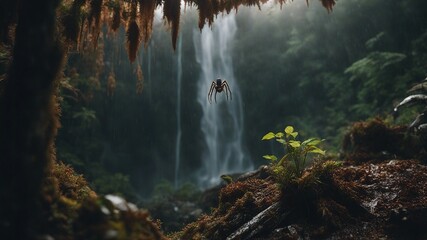 waterfall in the forest Horror  waterfall of poison, with a landscape of dead trees and fungi, with a spider and a peaceful waterfalls