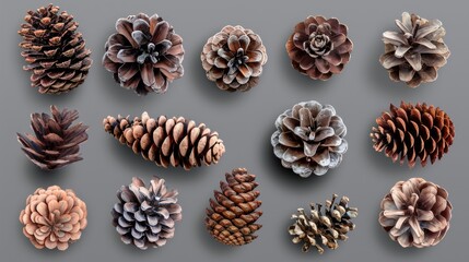 Wall Mural - A collection of pine cones arranged on a gray surface. Perfect for nature-themed designs and decorations