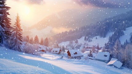 Poster - A picturesque scene of a snow-covered mountain with houses and trees. Suitable for various uses