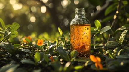 Poster - Essential oil in a glass bottle on a green grass in the garden