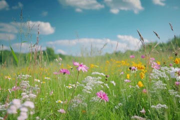 Poster - A picturesque field of vibrant wildflowers under a clear blue sky. Perfect for nature enthusiasts and those seeking a serene and colorful backdrop