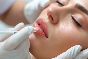 A close-up image capturing the process of a lip injection. This image can be used to showcase cosmetic procedures and beauty enhancements