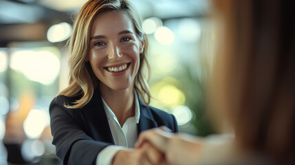 Wall Mural - Happy mid aged business woman manager handshaking at office meeting. Smiling female hr hiring recruit at job interview, bank or insurance agent, lawyer making contract deal with client at work