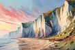 Watercolor painting of the chalk cliffs of south England at dawn