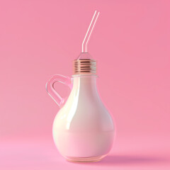 Wall Mural - Glass bulb bottle of milk on pink background. Creative drink pink composition.