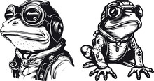 Frog Zepplin Pilot, Frog Silhouettes. Great Set Collection Clip Art Silhouette, Black Vector Illustration On White Background Eps . 
