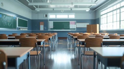 Wall Mural - A classroom with rows of desks and chairs, suitable for educational and learning concepts