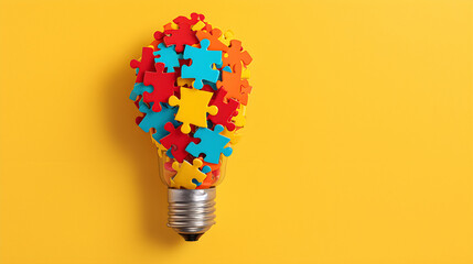Light Bulb Made Out Of Puzzle Pieces On Yellow Background with Copy Space. Imagination Concept - Generative Ai