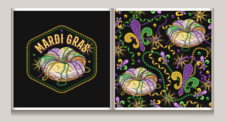 Mardi Gras pattern, logo with king cake, bead strings, party streamers, trinket, confetti, Fleur de Lis sign. Festive holiday design. Vintage illustration for prints, clothing, surface design