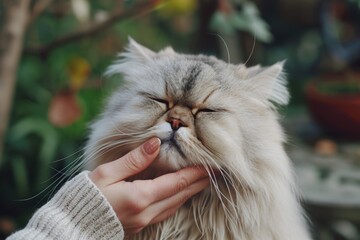 Poster - A person gently petting a cat with their eyes closed. Suitable for various uses