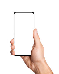 A man's hand holds the phone horizontally. On an empty background.