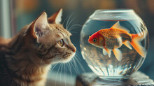 A Cat Staring Attentively At A Fish In A Fishbowl