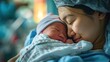 A nurse cradles a newborn baby, showing sincere emotions. Created with Generative Ai technology.