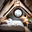 Charming loft bedroom with a round window, creating an intimate and snug retreat