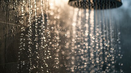 Poster - A close-up image of a shower head with water flowing down. Suitable for bathroom or plumbing related concepts