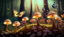 Magical Forest With Butterflies And Toadstools 