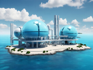 Futuristic building with large spheres and pipes on a small island in the sea. Hydrogen manufacturing using ocean water electrolysis concept 3d Render.