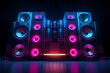 Neon light illuminates a group of sound speakers, creating an electric visual.