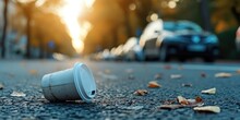 Close Up Of Discarded Disposable Plastic Coffee Cup On Asphalt Road With Blurred Car On Background. Eco Concept.
