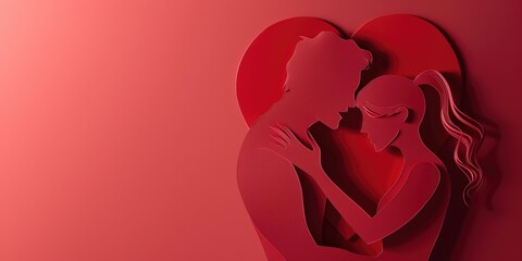 Wall Mural - Valentine's Day. Silhouette of apaper loving couple on a red background.